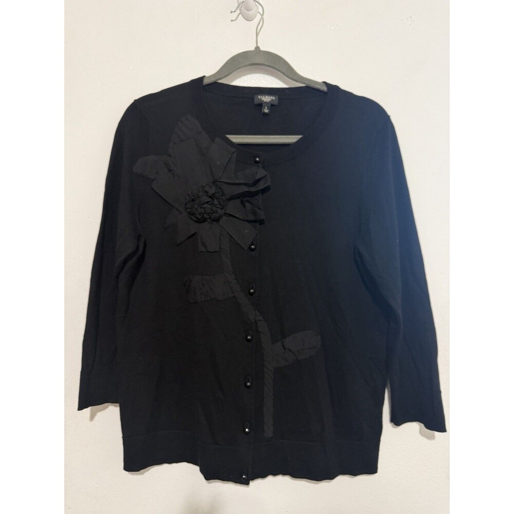 Talbots Petite L Black Silk Blend Cardigan 3D Silk Flower Statement Sweater